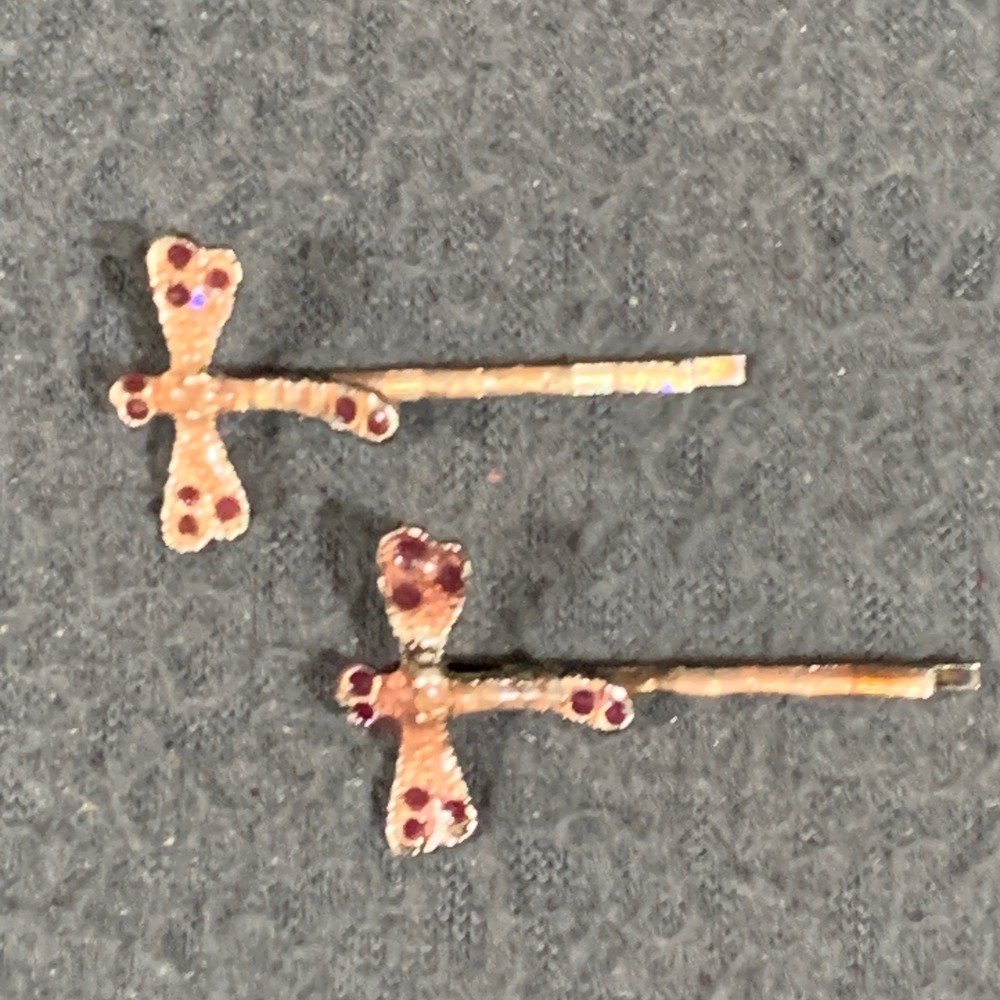 Vintage Dragonfly Bobby Pins Silver Tone Red Rhinestone Whimsical Fairycore